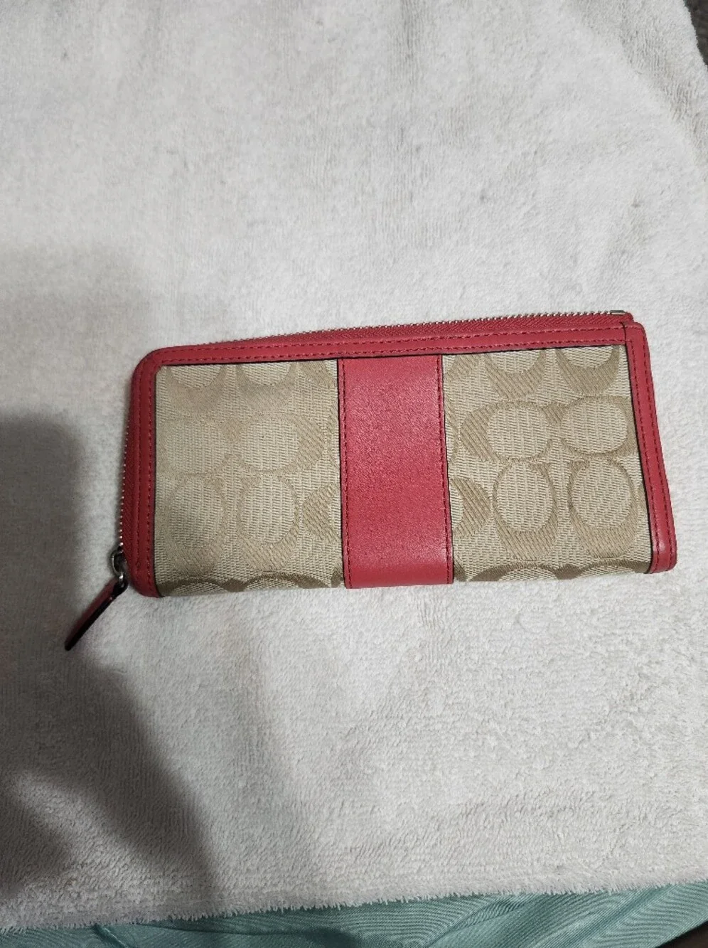 Coach Signature Canvas Zip Wallet with Pink Trim